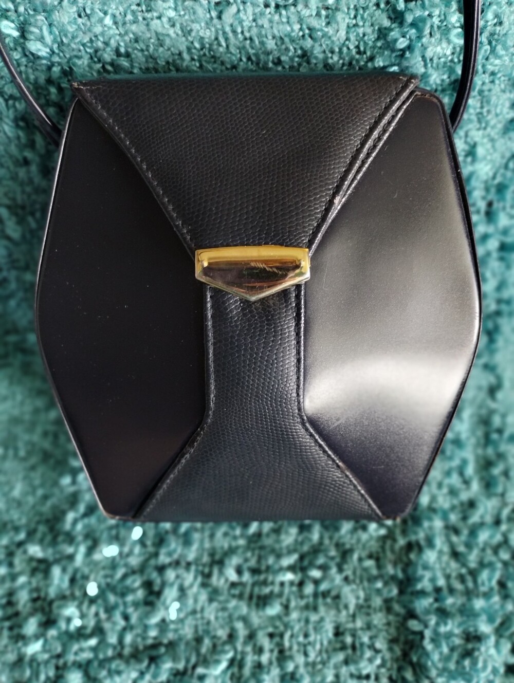 Vintage Navy Geometric Structured Crossbody Bag Gold Magnetic Snap 8” Retro
